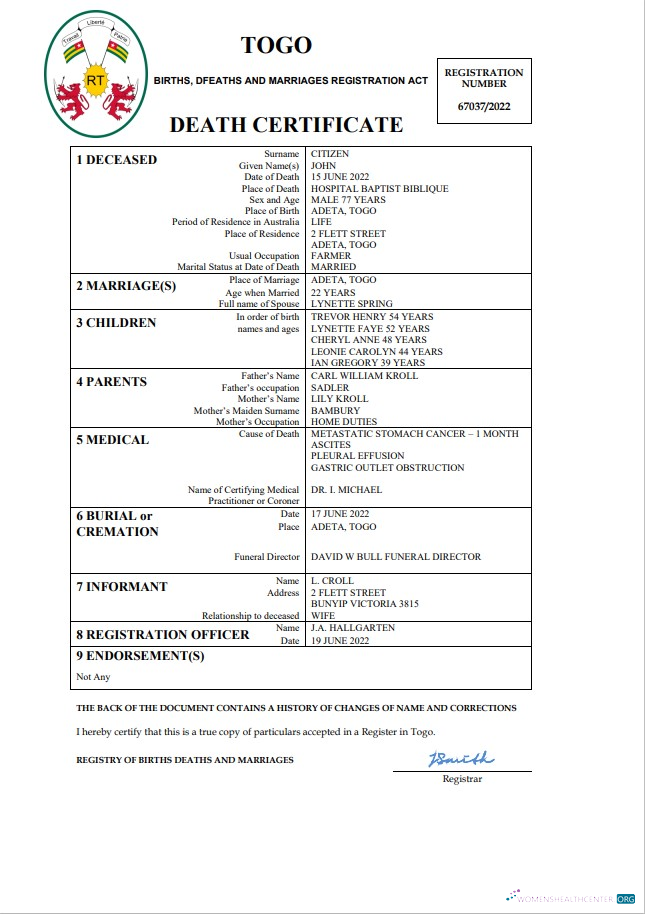Download Togo vital record death certificate Word and PDF template Photoshop template